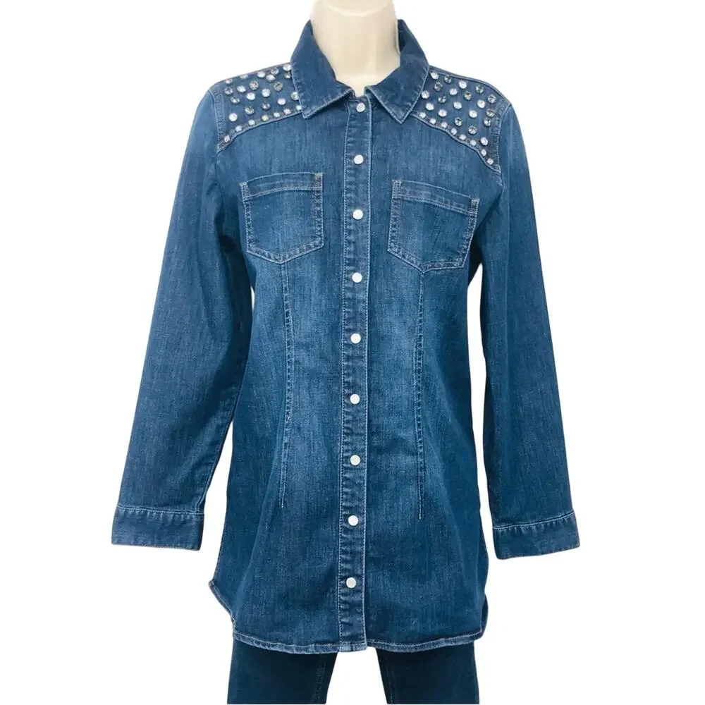 Chicos Size 0 Denim Snap Front Tunic Top Long Sleeve Western Style Bling Yoke